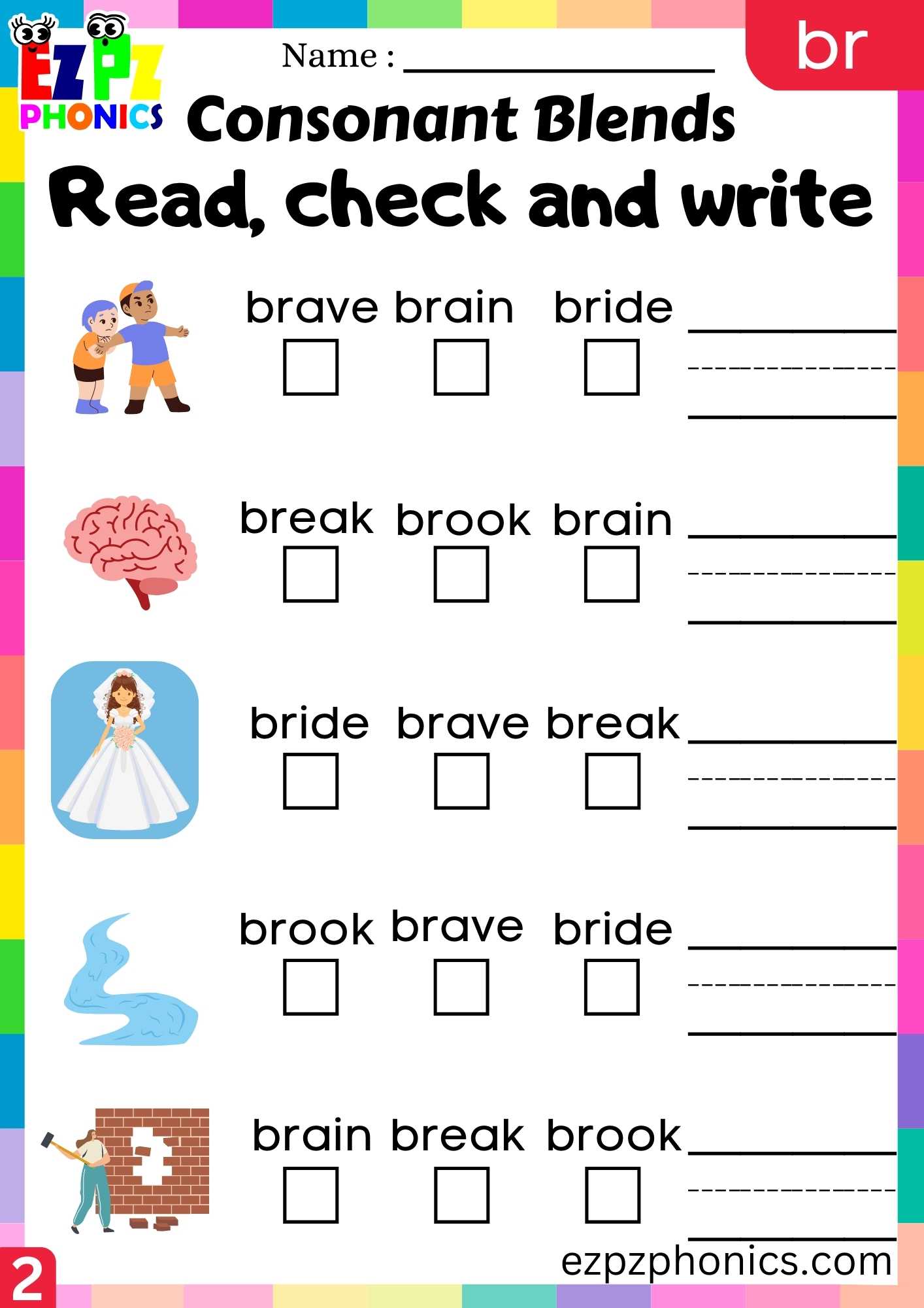 Group2 BR Words Read, Check And Write Phonics Consonant Blends Worksheet